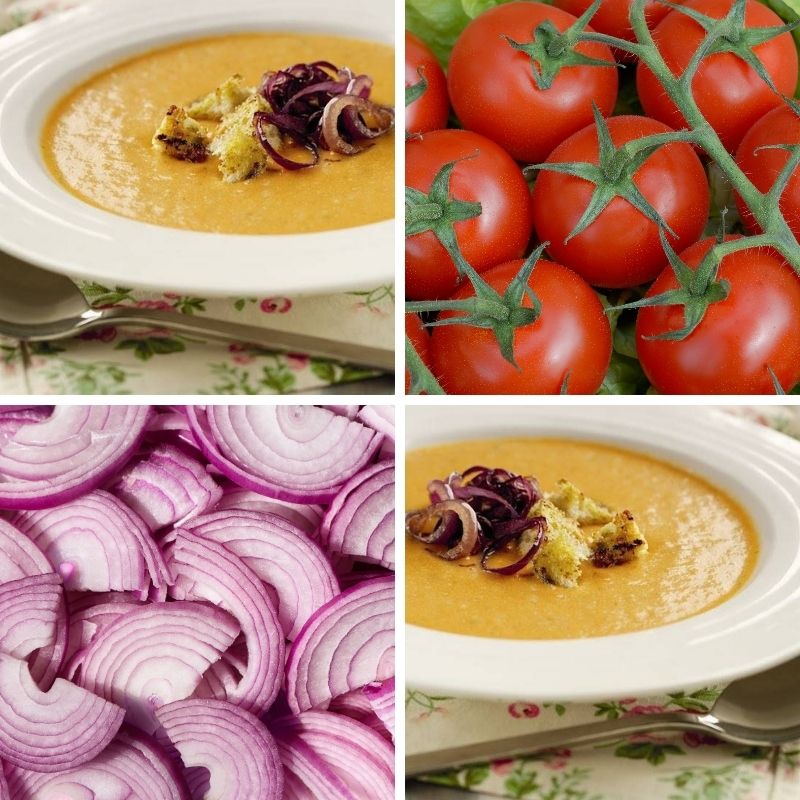 Red Onion and Roast Cherry Tomato Soup with Pesto Croutons