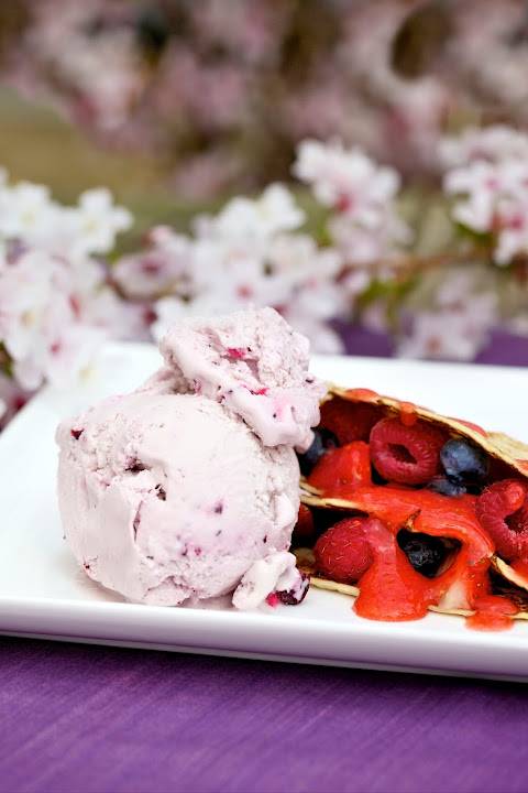 Pancakes With Fruit Coulis And Kelly’s Of Cornwall Clotted Cream & Blackcurrant Ice Cream