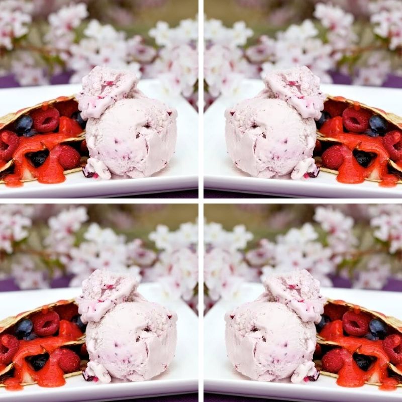 Pancakes With Fruit Coulis And Kelly’s Of Cornwall Clotted Cream & Blackcurrant Ice Cream. Pancakes With Fruit Coulis And Kelly’s Of Cornwall Clotted Cream & Blackcurrant Ice Cream.