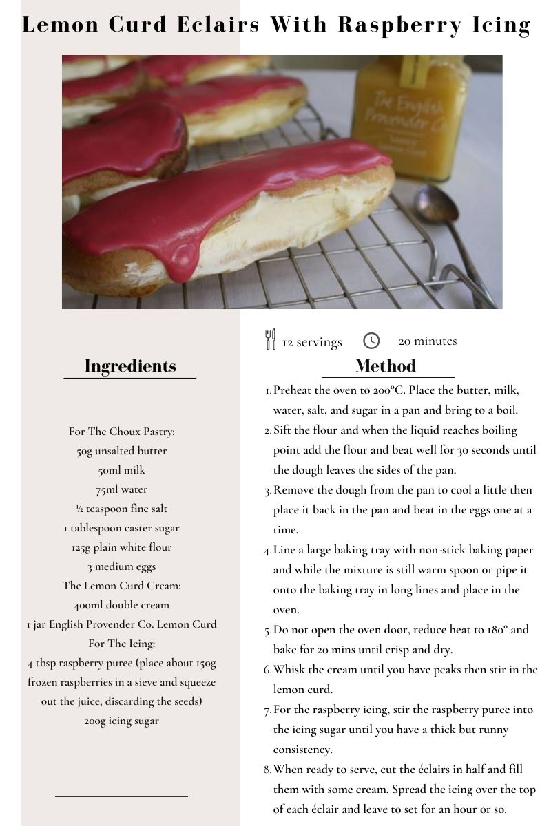 Lemon Curd Eclairs With Raspberry Icing Recipe Card
