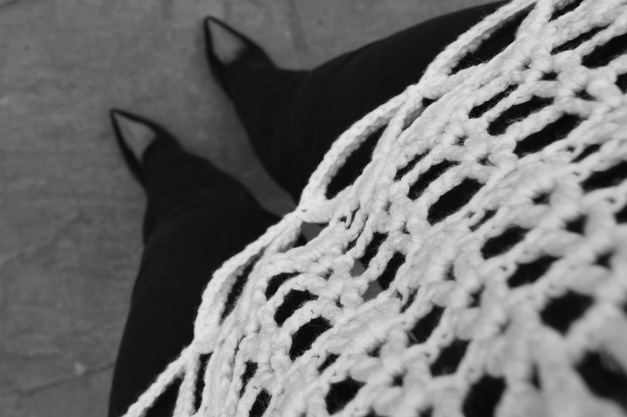 White Lacy Knitted Top, Black Jeans And Heeled Boots White Lacy Knitted Top, Black Jeans And Heeled Boots