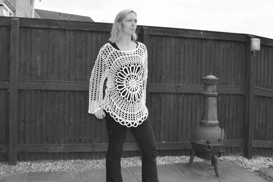 White Lacy Knitted Top, Black Jeans And Heeled Boots