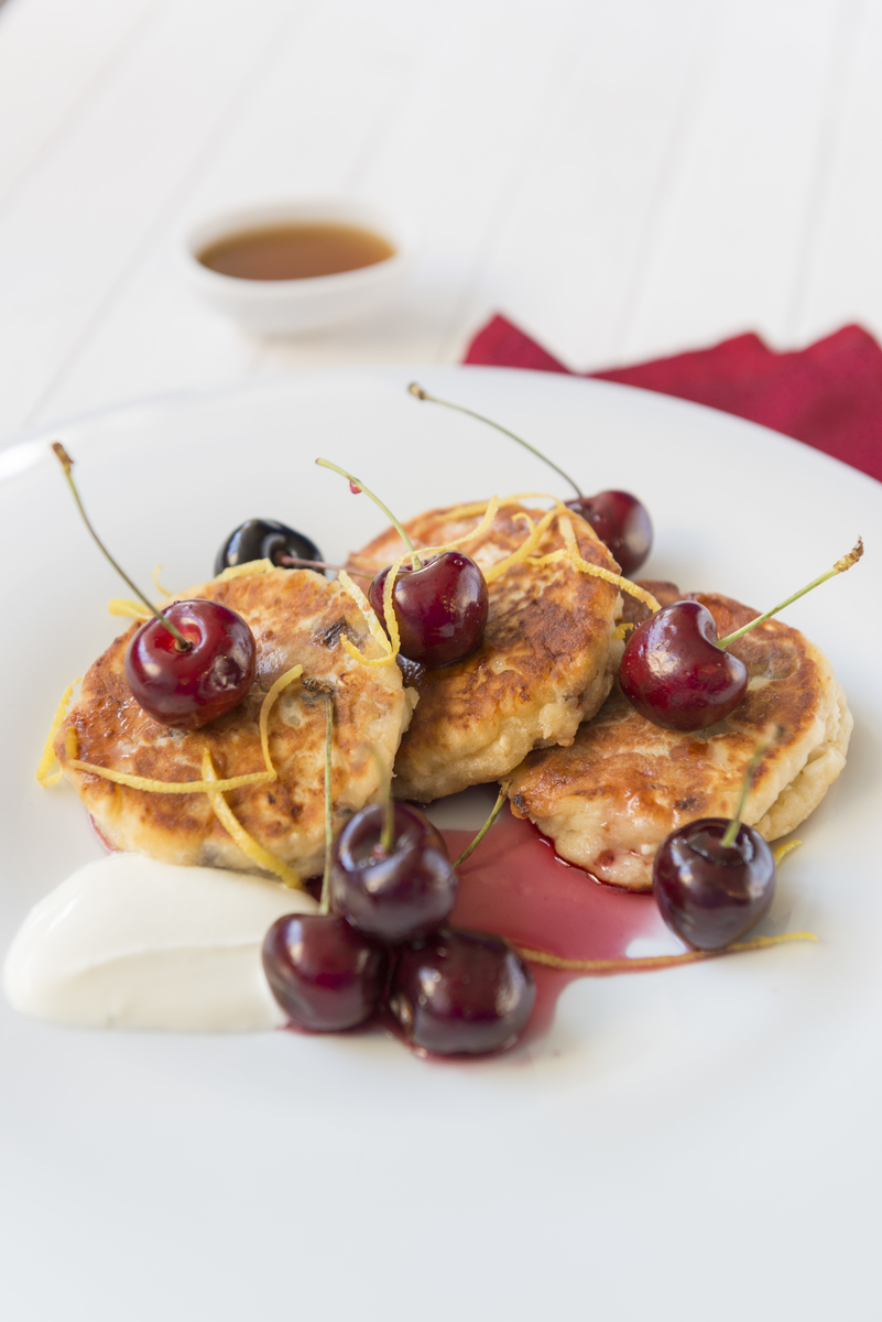 Cream Cheese Fritters, English Summer Maple Cherries