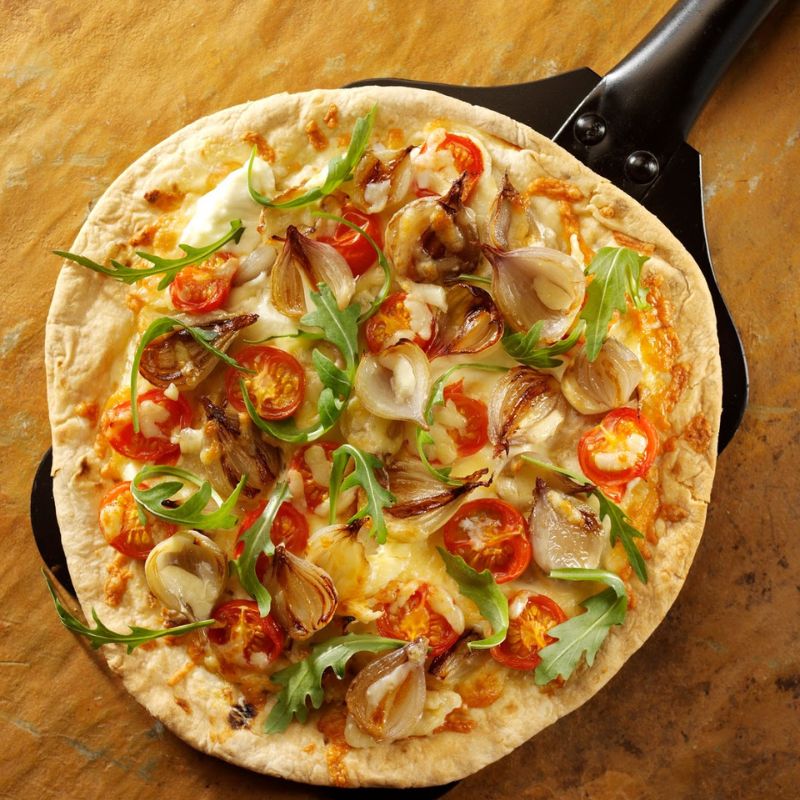 Shallot, Cherry Tomato and Mascarpone Pizza