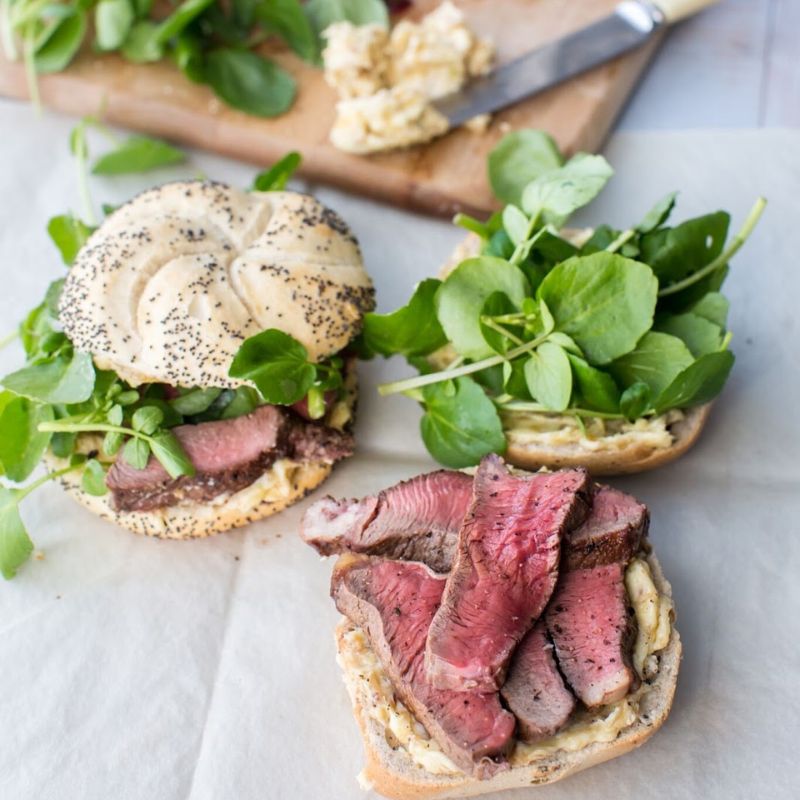 Peppered Beef And Watercress Rolls With Caramelised Shallot Butter