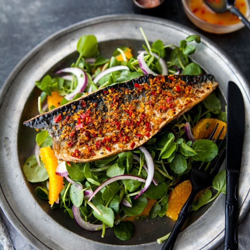 Grilled Mackerel And Watercress Salad With Orange And Chilli