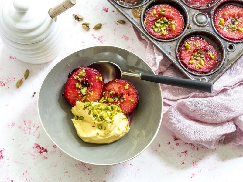 Honey Baked Plums with Toasted Pistachio Nuts And Sweet Saffron Labneh