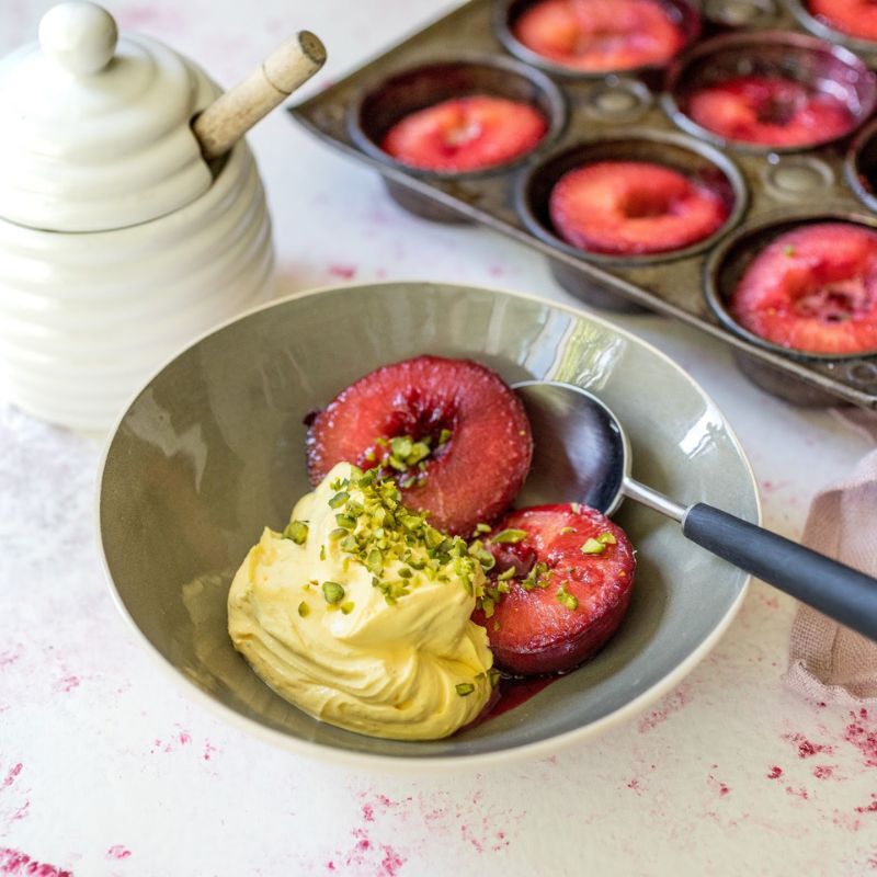 Honey Baked Plums with Toasted Pistachio Nuts And Sweet Saffron Labneh