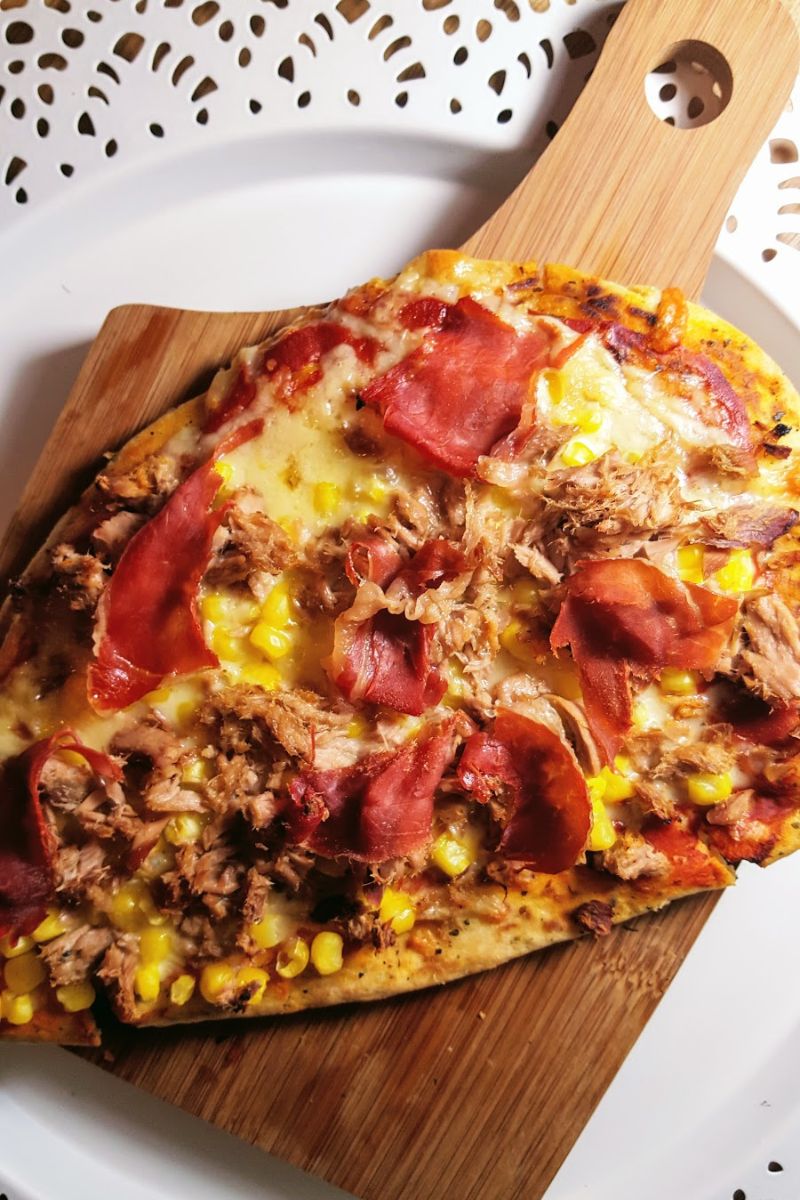 Prosciutto di Parma Ham, sweet corn And Tuna Naan Bread Pizza
