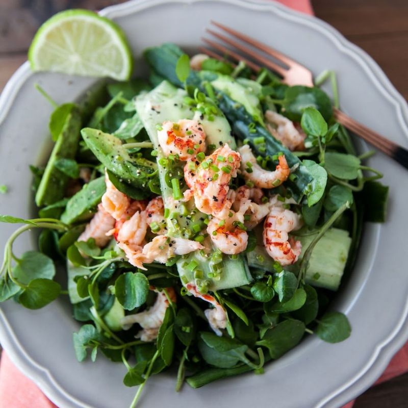 Crayfish, Avocado And Watercress Salad With Cucumber And Lime Butter