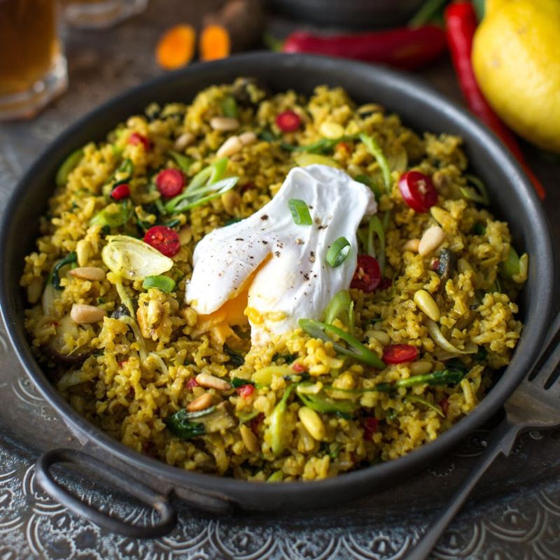 Brown Rice Pilaf with Mushrooms, Watercress and Pine Nuts