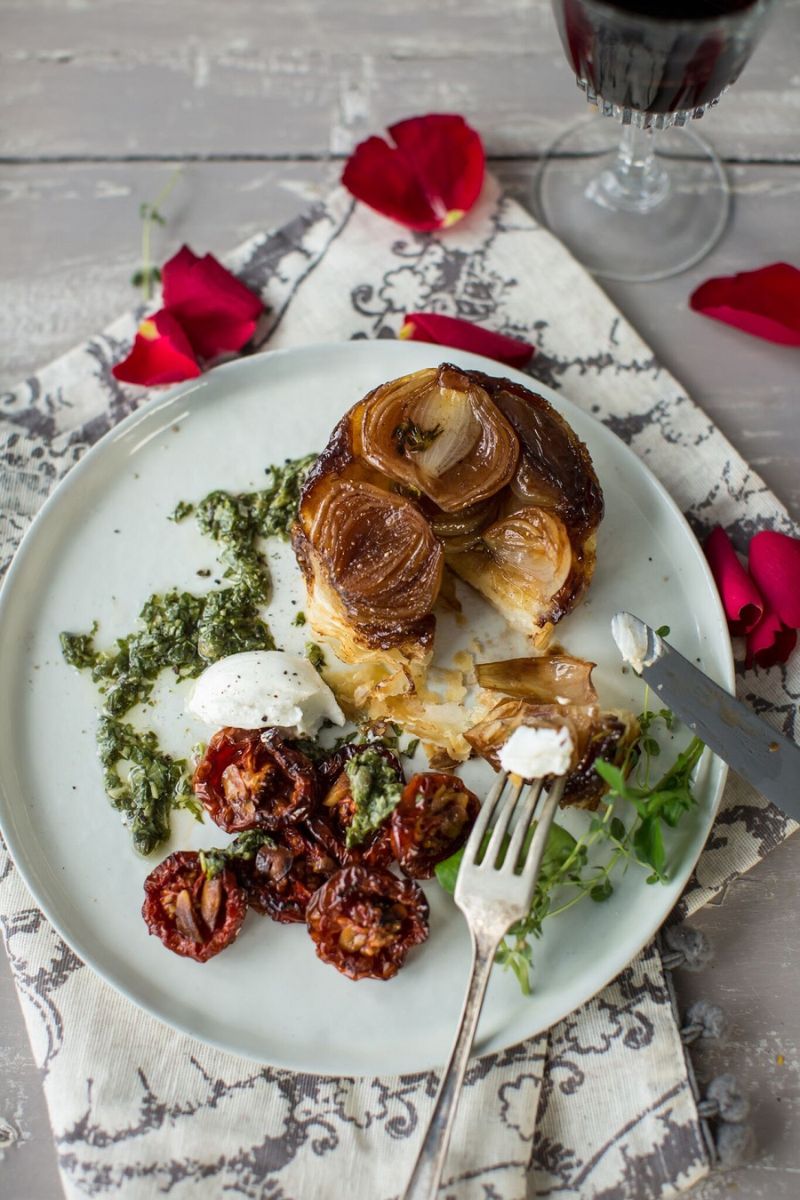 Shallot Tarte Tatin With Goat’s Cheese, Roasted Cherry Tomatoes And Watercress Salsa Verde