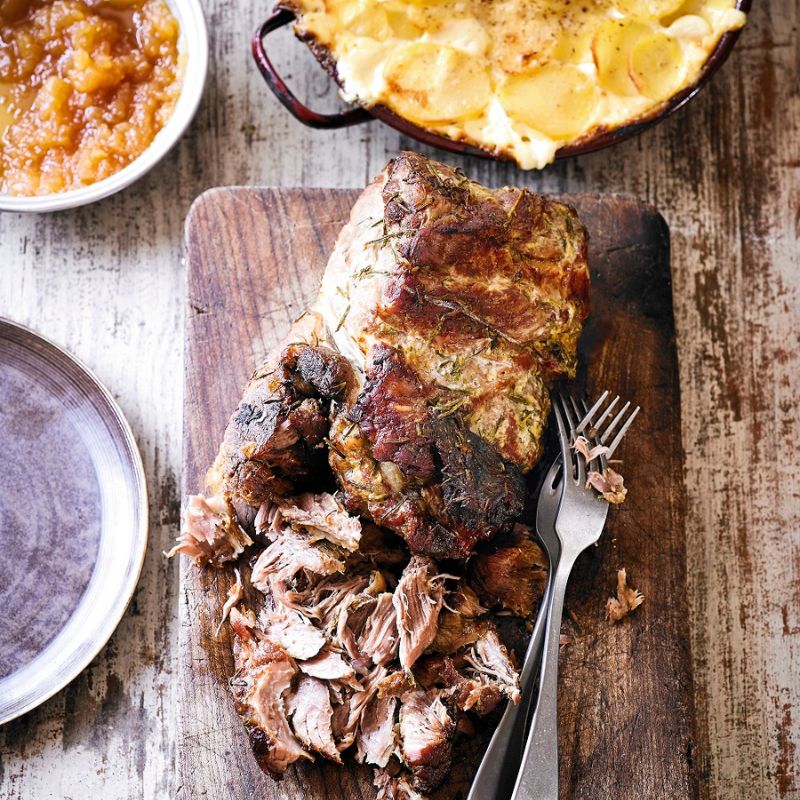 Slow-roast Pork With Cauliflower Cheese Dauphinoise. 