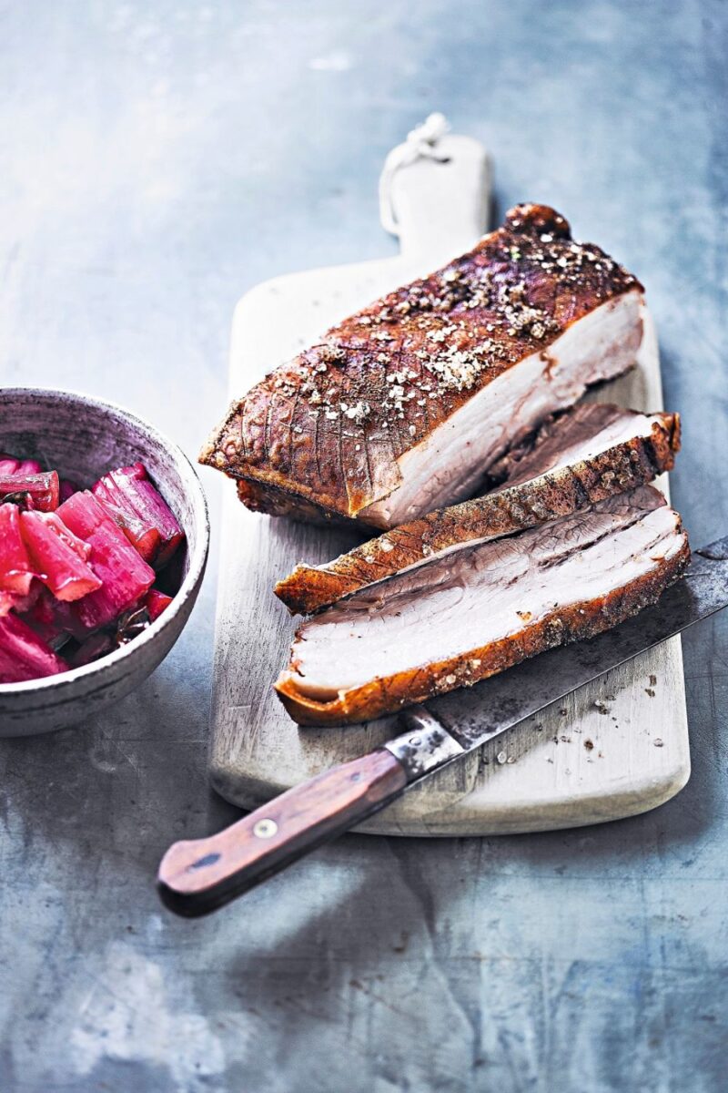 Five Spice Belly Pork With Baked Rhubarb. 