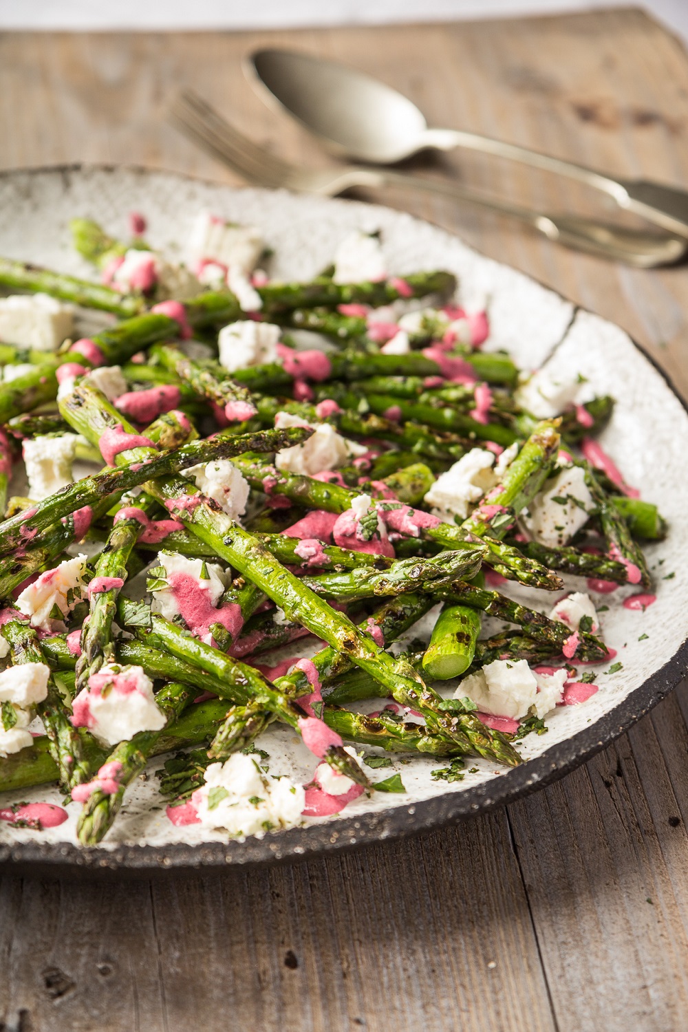 BBQ British Asparagus With Feta And Beetroot Dressing. 