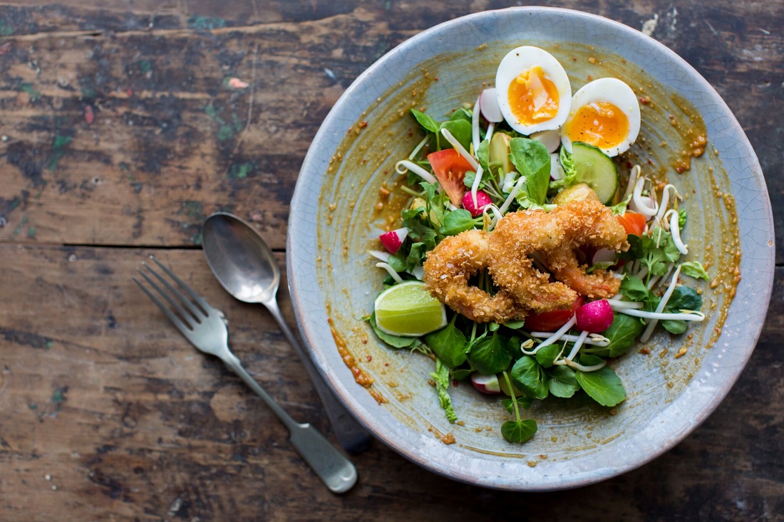 Indonesian Gado Gado Salad With Crunchy Tiger Prawns And Selada Air (Watercress).