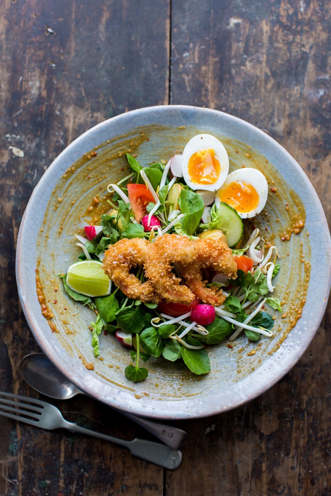 Indonesian Gado Gado Salad With Crunchy Tiger Prawns And Selada Air (Watercress).