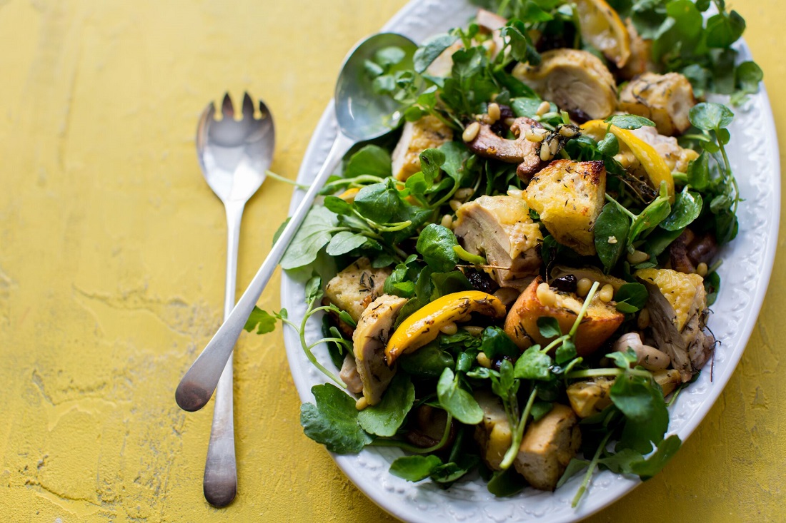 Roast Chicken And Wild Mushroom Watercress Salad With Pine Nuts And Raisins