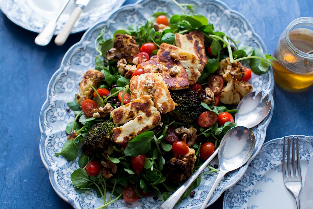 Roasted Broccoli And Cauliflower With Puy Lentils, Halloumi And Watercress