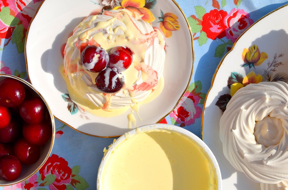 Merguine Nests With Clotted Cream And  Jerte Picota Cherries
