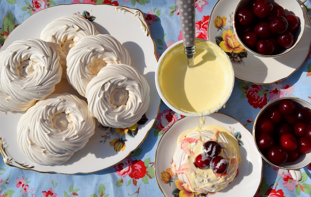Merguine Nests With Clotted Cream And  Jerte Picota Cherries