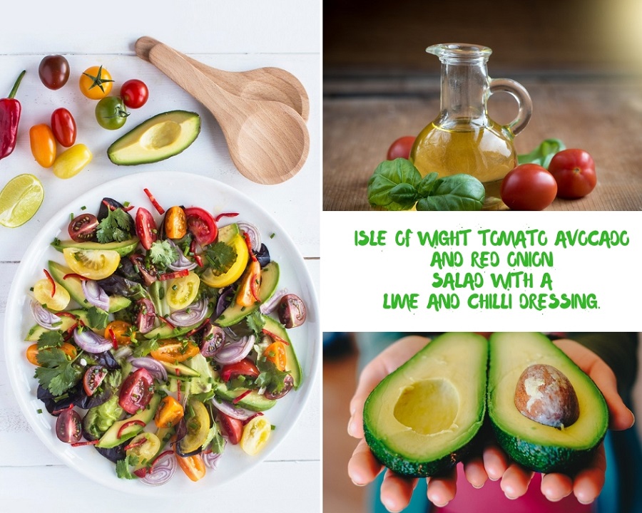 Isle of Wight Tomato Avocado And Red Onion Salad With A Lime And Chilli Dressing.