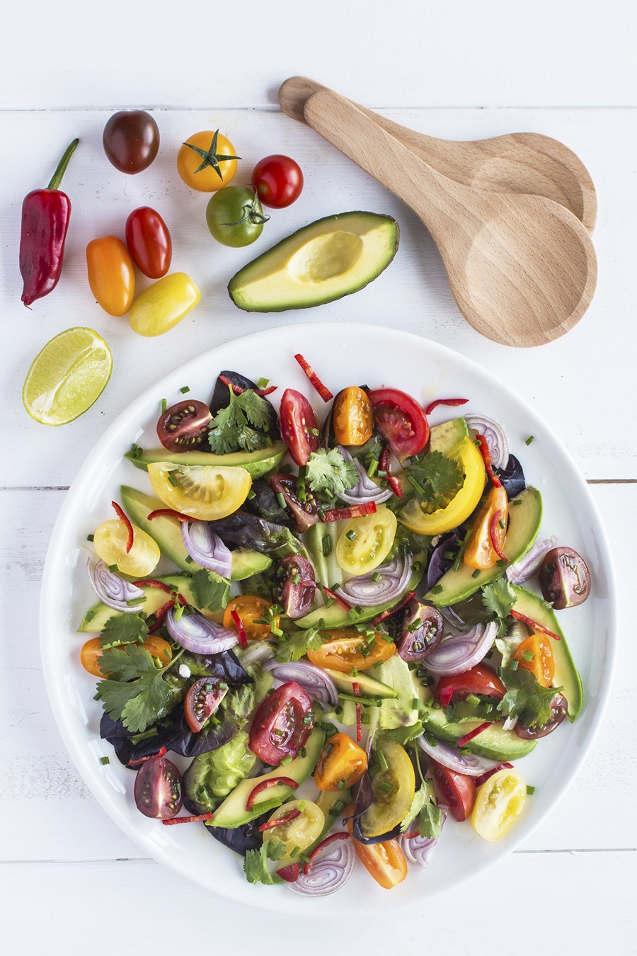 Isle of Wight Tomato Avocado And Red Onion Salad With A Lime And Chilli Dressing