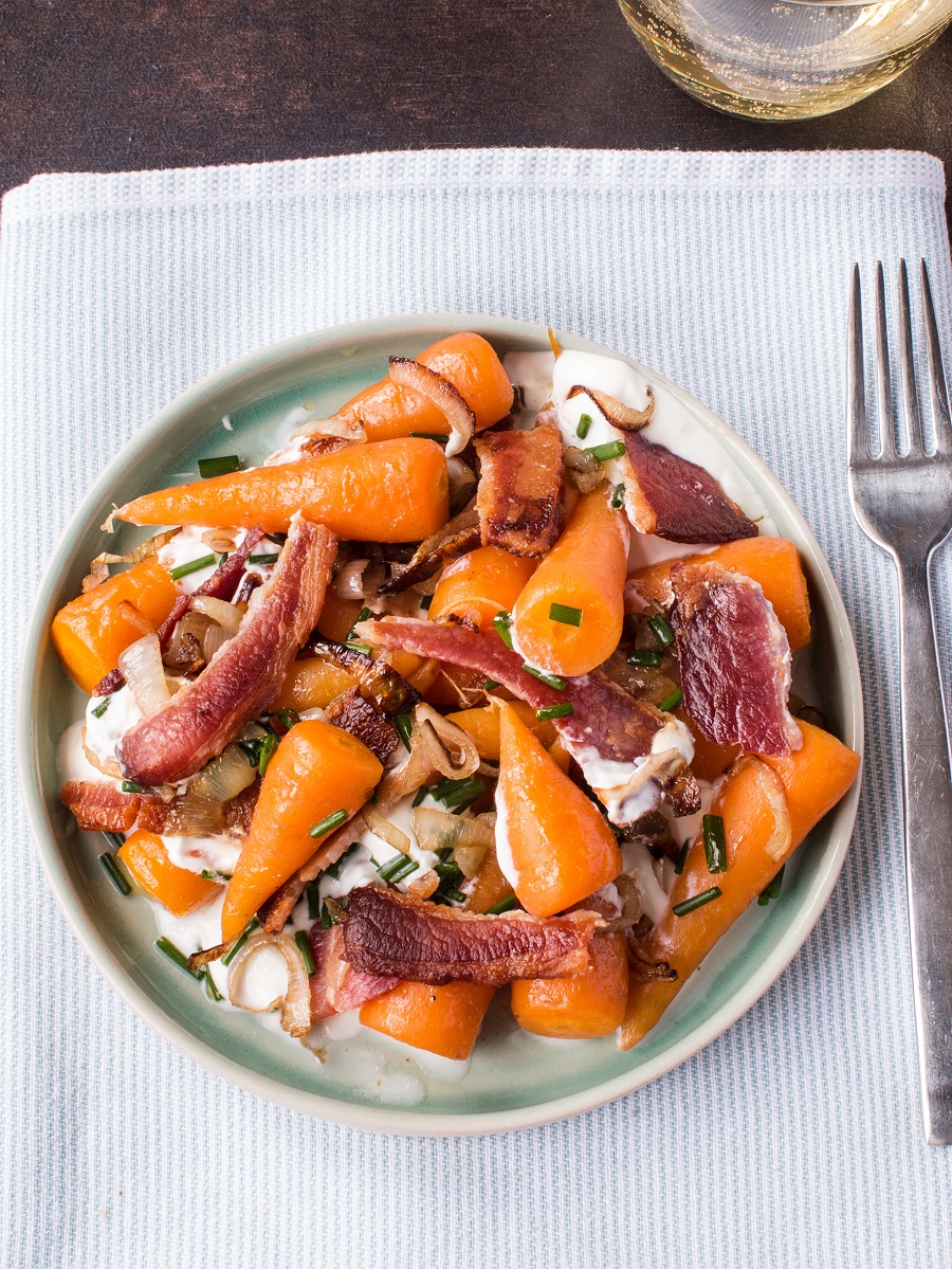 Chantenay Carrots With Caramelised Shallots, Yoghurt, Chives And Bacon