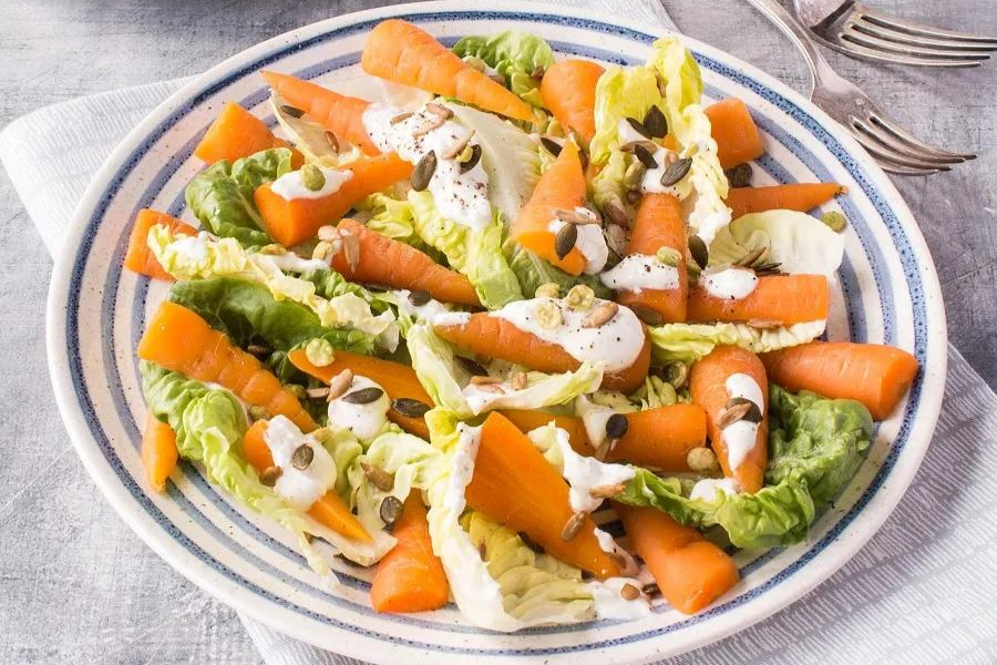 Steamed Chantenay And Little Gem Salad With Feta Dressing.
