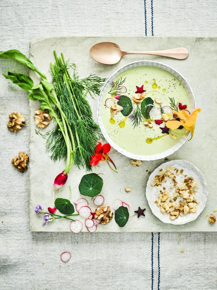 Chilled California Walnut And Cucumber Sunshine Soup.