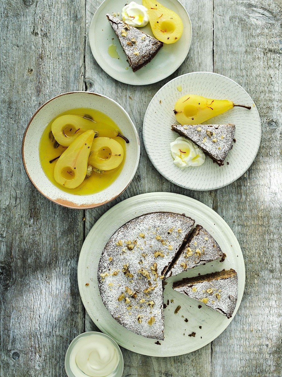 Flourless California Walnut Cake With Poached Pears﻿