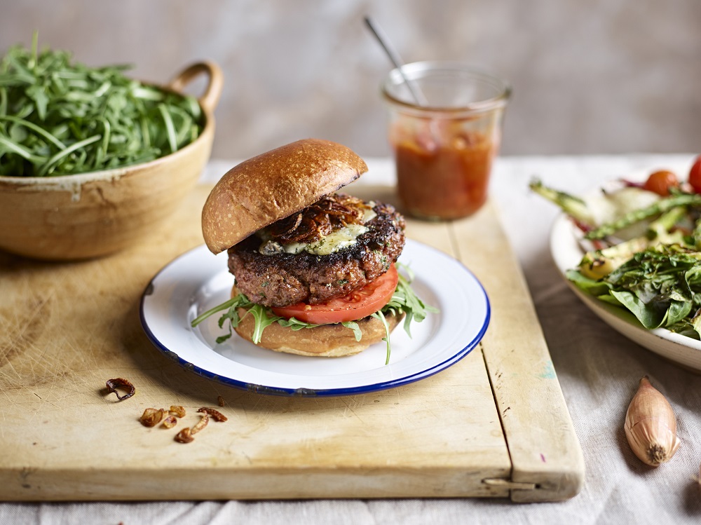 Venison Burger With Blue Cheese And Crispy Shallots