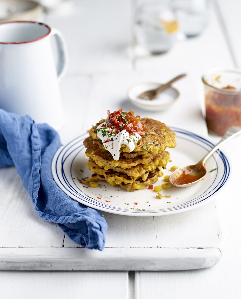 Sweetcorn, Shallot & Chilli Fritters With Tomato & Shallot Chutney