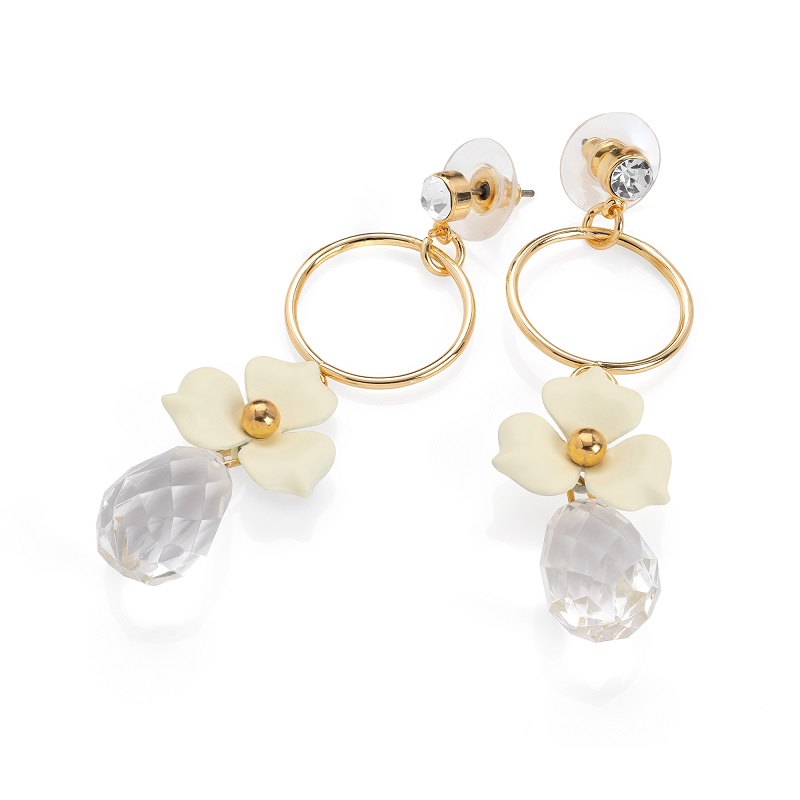 Gold Colour Crystal Cream Flower Drop Earring: