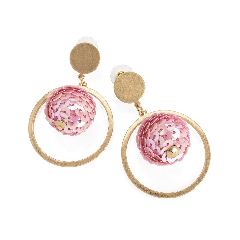 6 Pairs Of Earrings For Spring Summer 2021 Worn Gold Colour Pink Sequin Ball Drop Earring