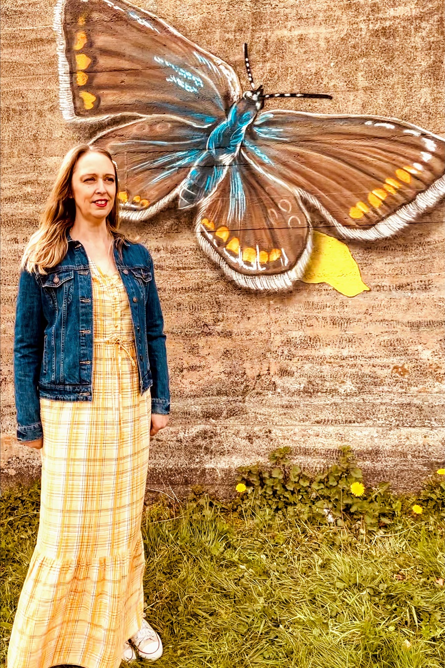 Denim Jacket, Yellow Maxi Dress And A Beautiful Butterfly Street Art.