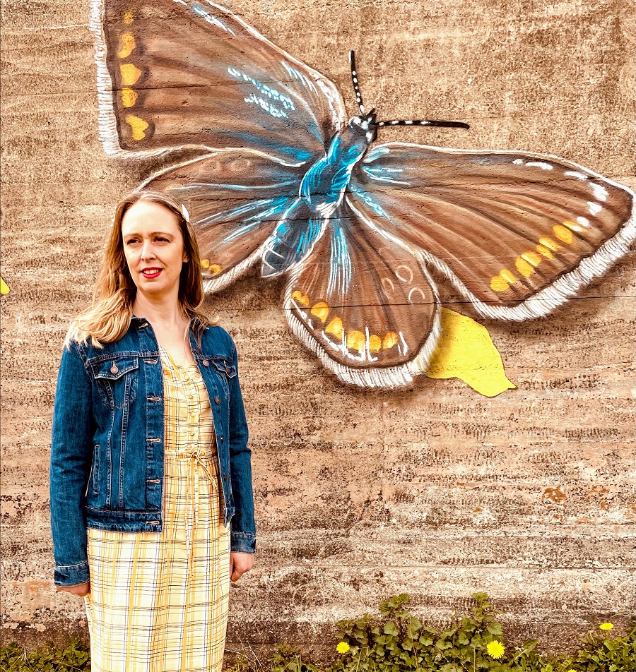 Denim Jacket, Yellow Maxi Dress And A Beautiful Butterfly Street Art. Denim Jacket, Yellow Maxi Dress And A Beautiful Butterfly Street Art.