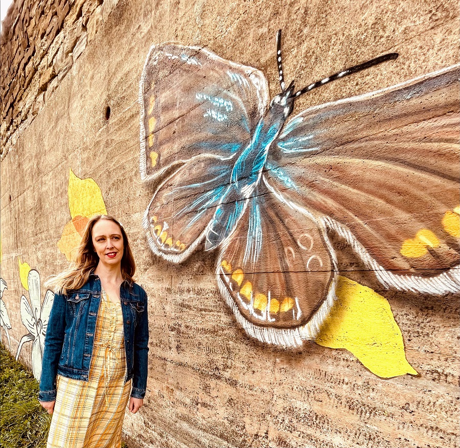 Denim Jacket, Yellow Maxi Dress And A Beautiful Butterfly Street Art. Beautiful Butterfly Street Art.