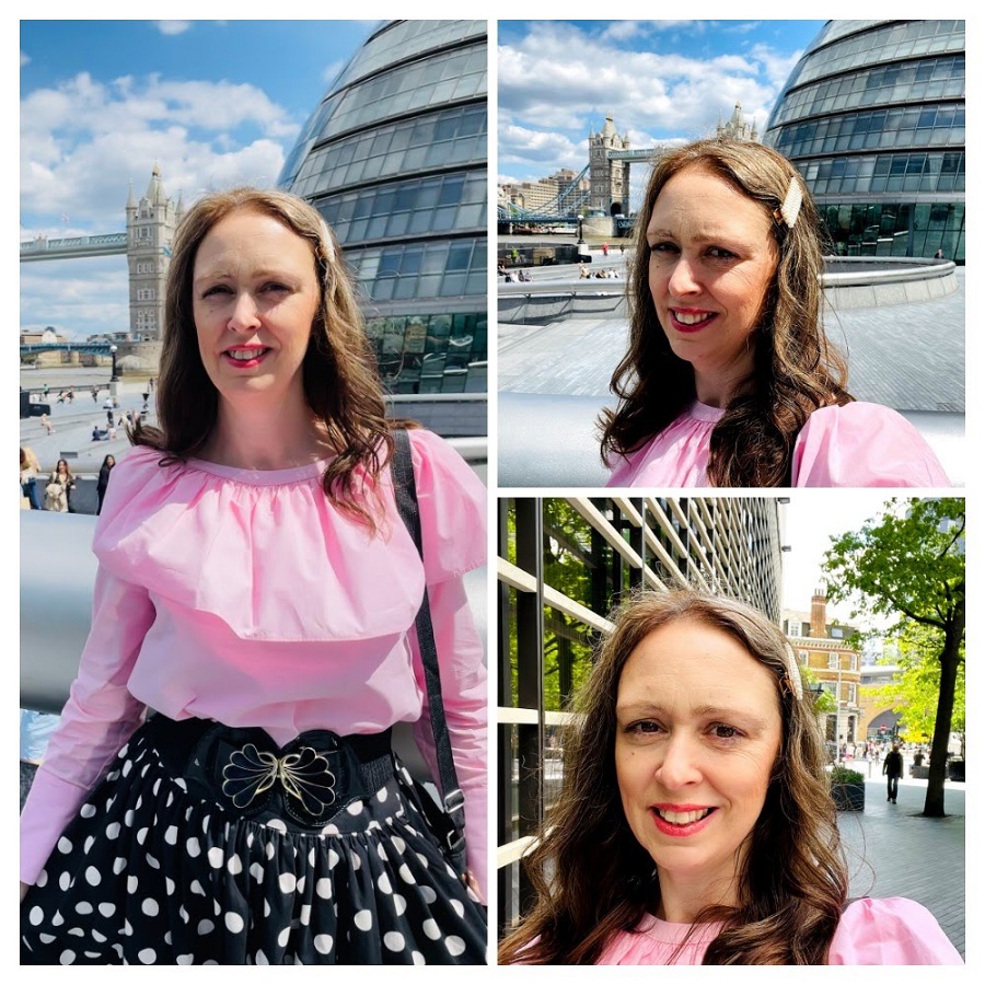 How To Style A Pink Shirt With A Black Polka Dot Skirt.