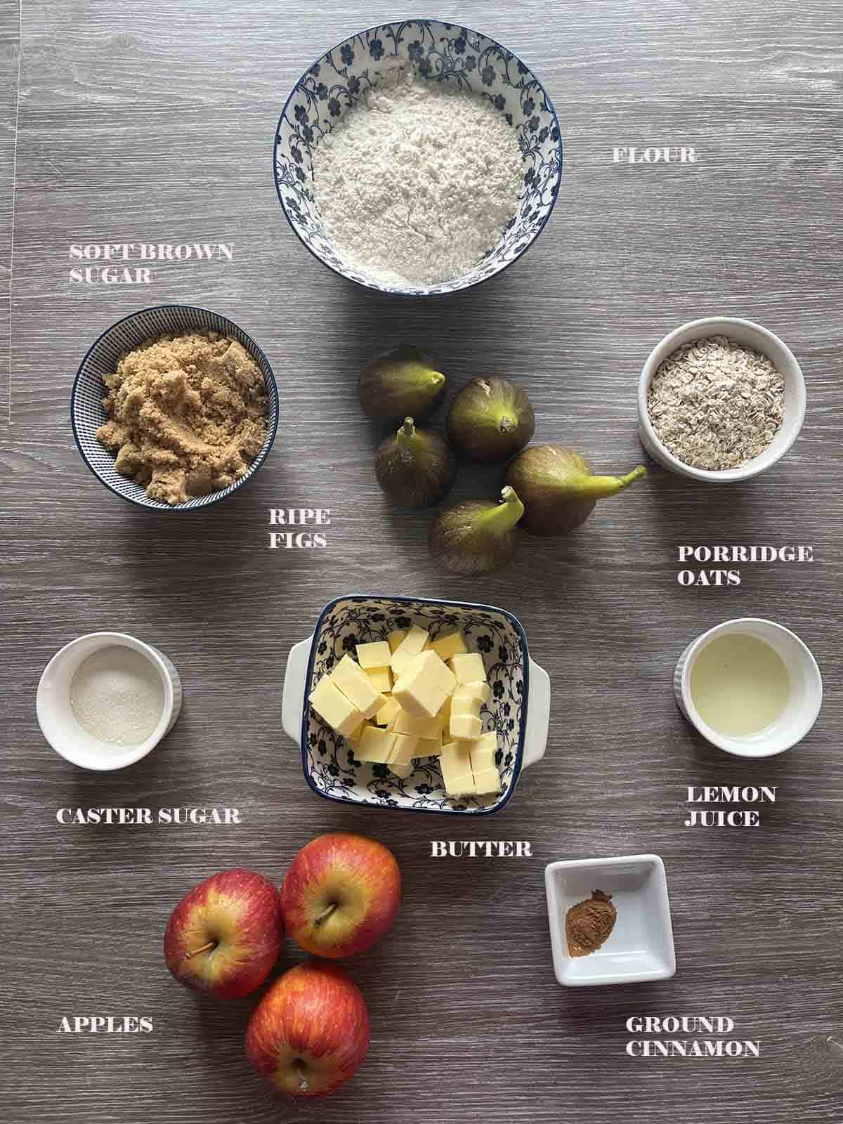 ingredients including figs, apples, sugar, butter and flour.
