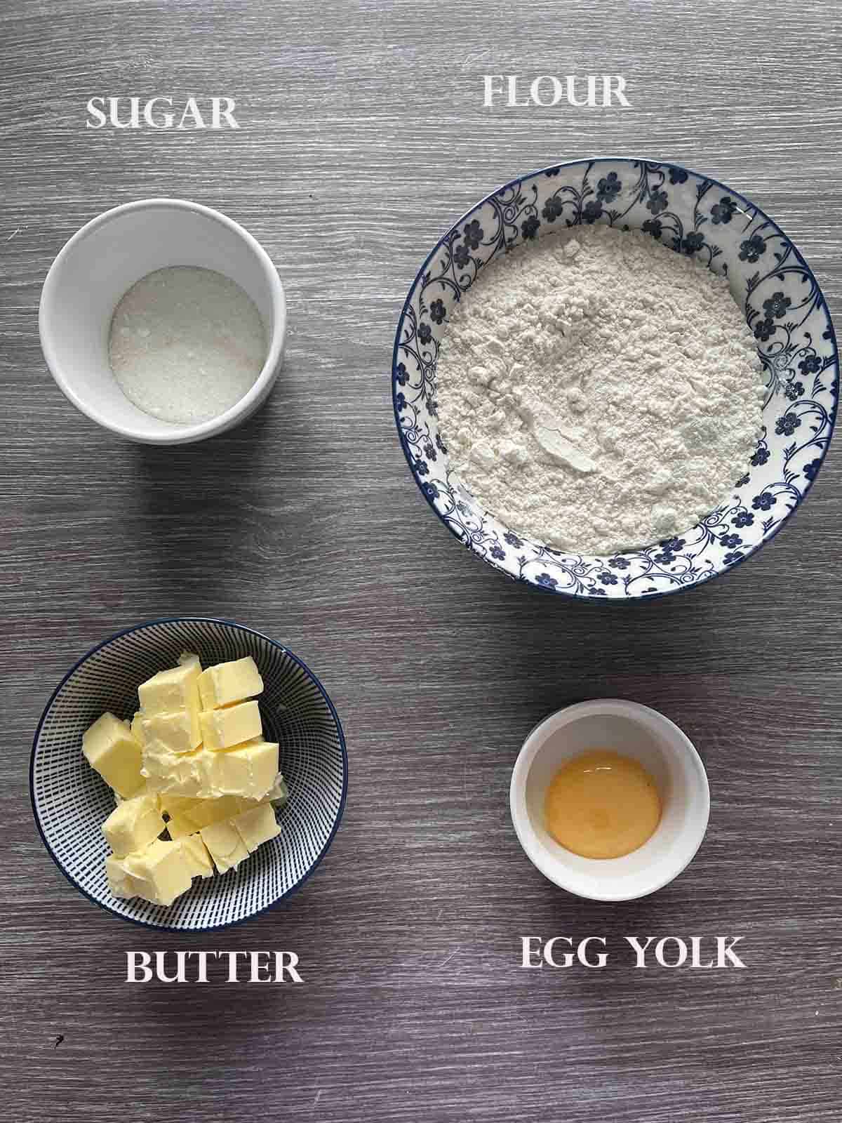 pastry ingredients including flour, butter and sugar.