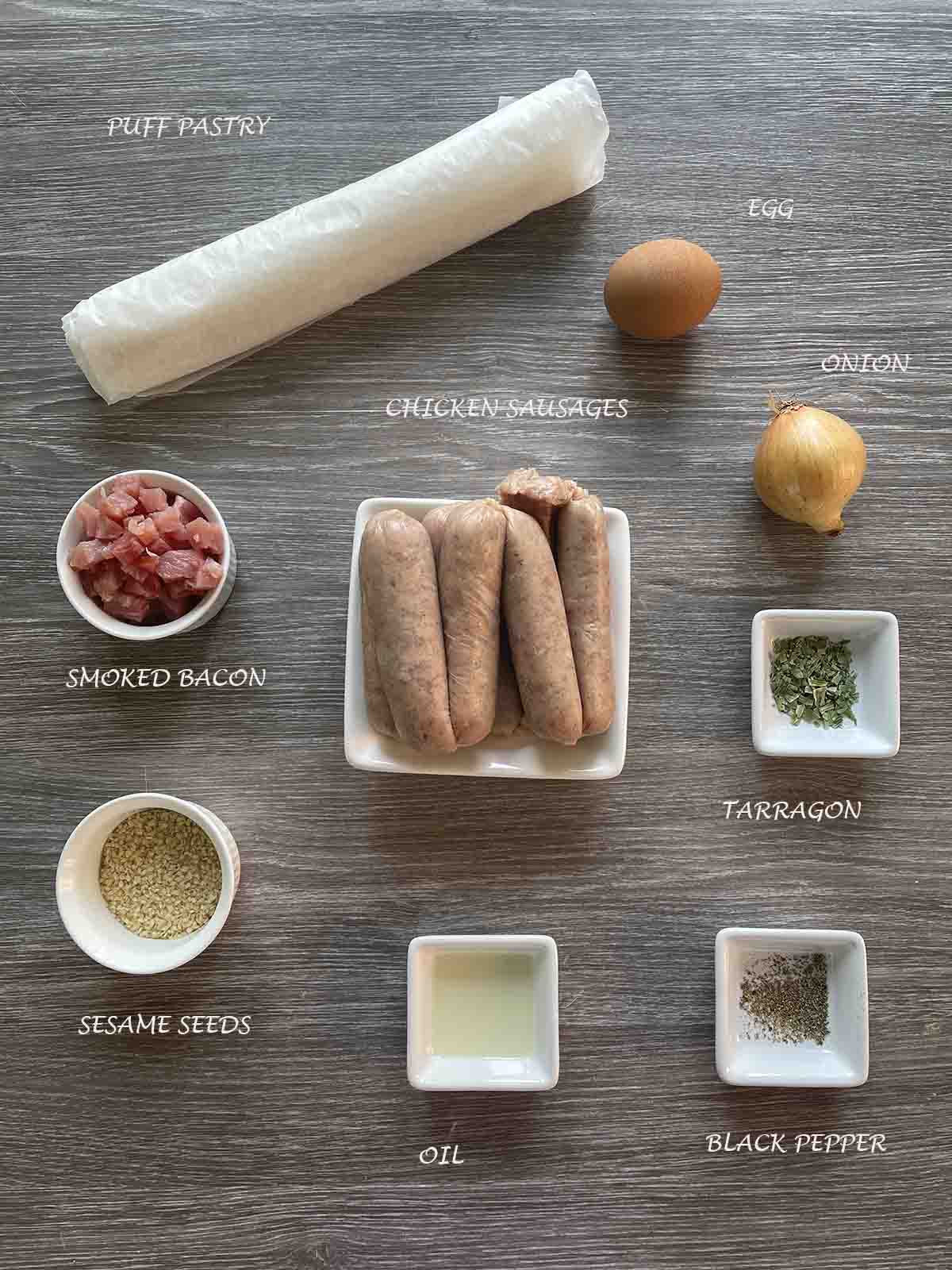 ingredients including chicken sausages, bacon and puff pastry sheet.