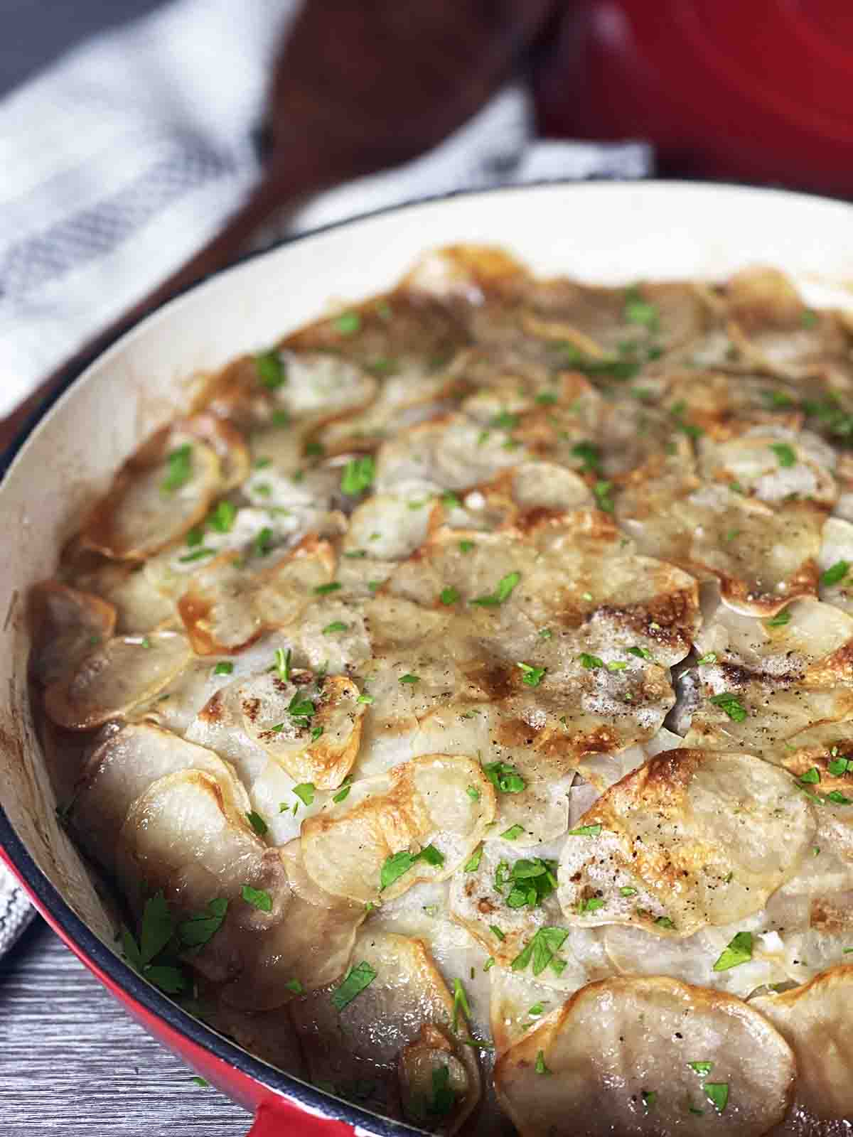 cooked potato and beef casserole.