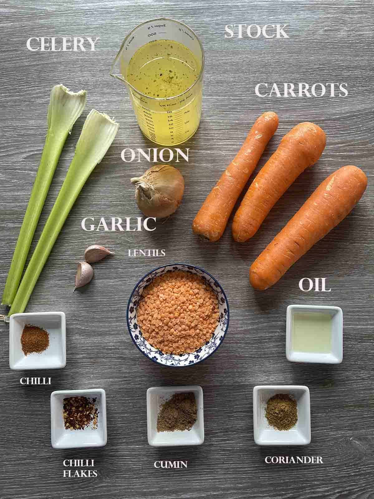 ingredients including carrots, lentils and stock.