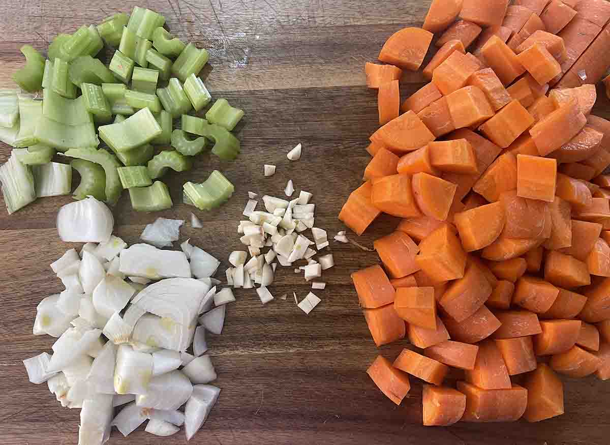 chopped vegetables on a board.