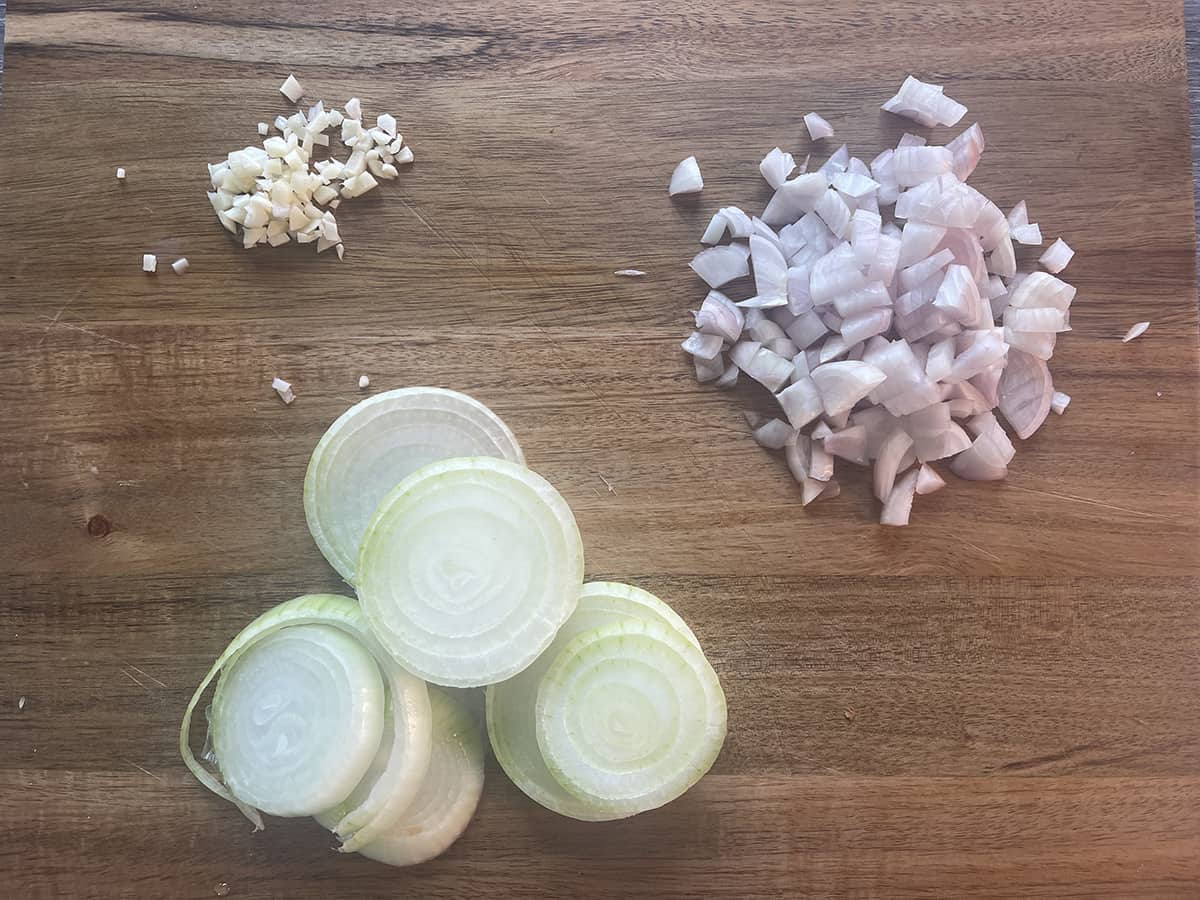 sliced and chopped onions and shallots.