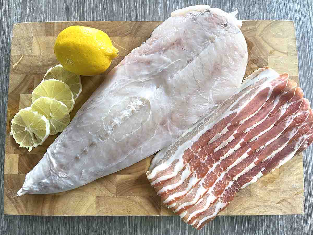 ingredients including monkfish, bacon and lemons.