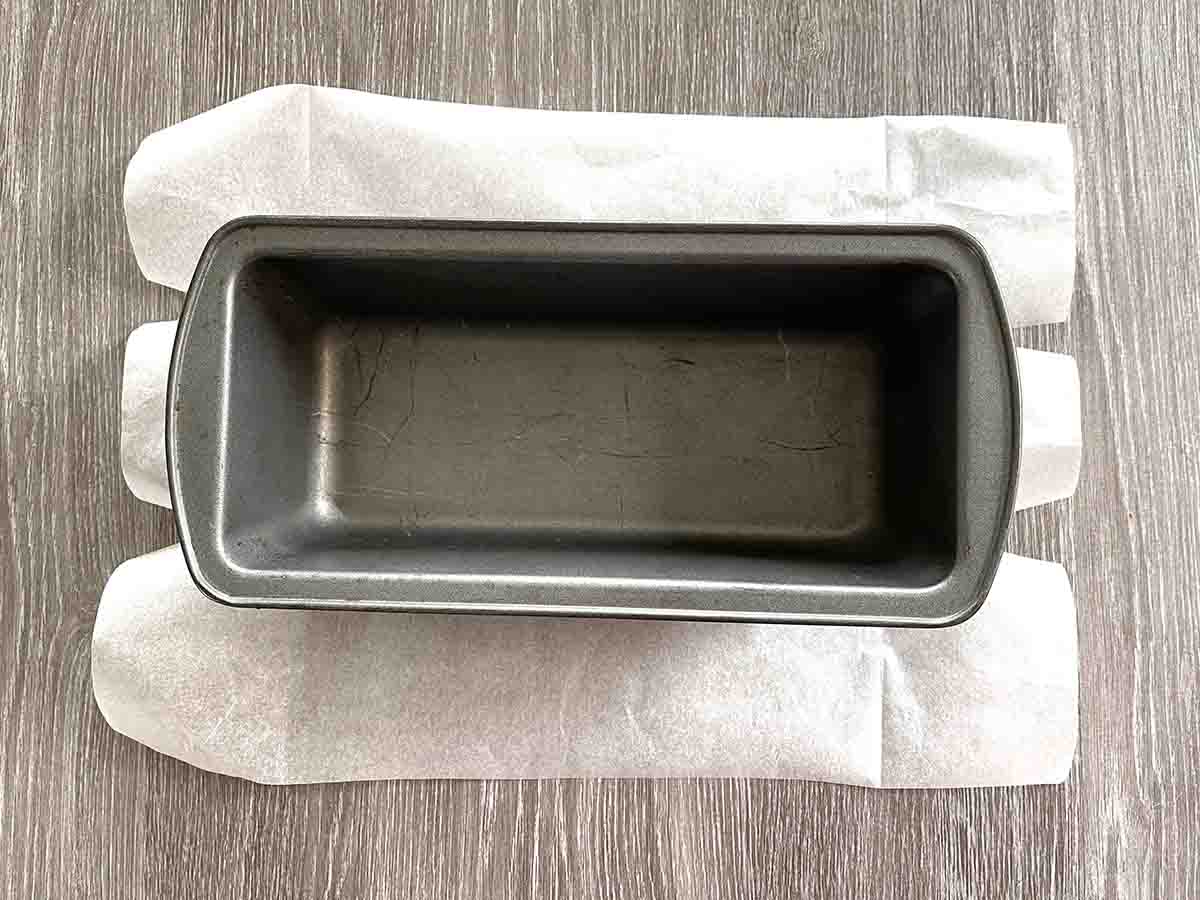 loaf tin on baking parchment, ready to be lined.