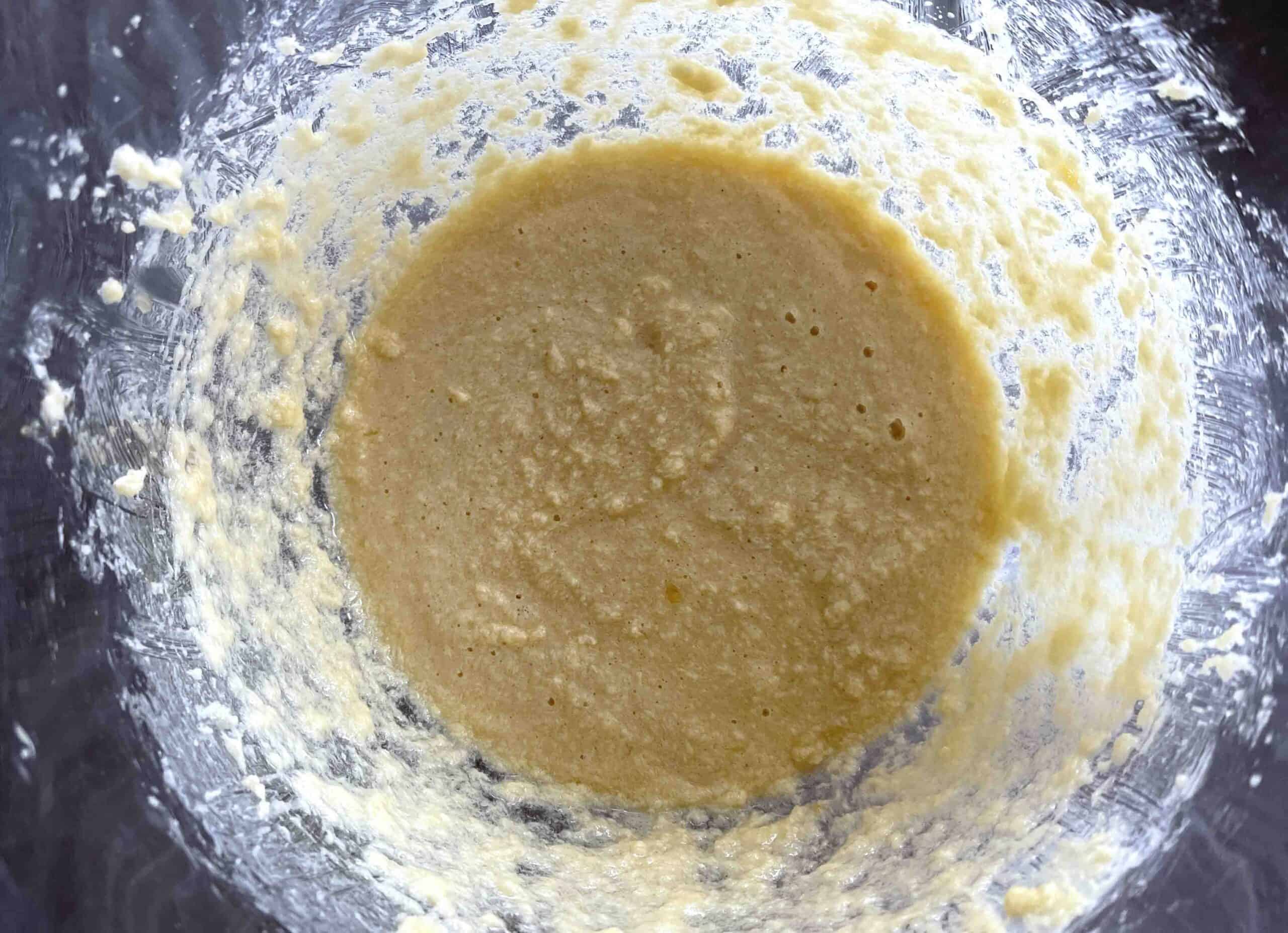 with eggs added to mixture in bowl.