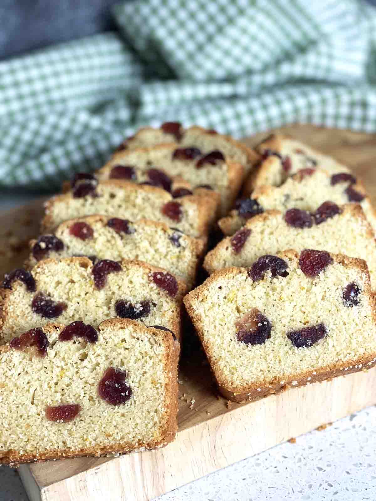 overlapping slices of cherry pound cake.